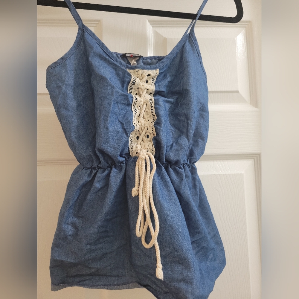 Fashion Magazine Jean Blue Spaghetti Top with Lace Detail